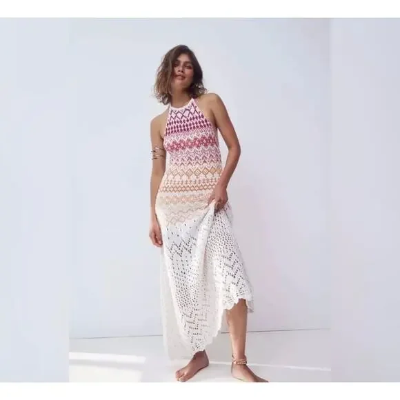 Free People | Dresses | Free People Ikat Oasis Maxi Dress Halter Crochet  Print Knit Backless Ivory Large | Poshmark